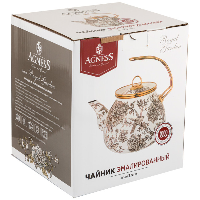 ЧАЙНИК ЭМАЛИРОВАННЫЙ AGNESS, СЕРИЯ ROYAL GARDEN 3,0Л ПОДХОДИТ ДЛЯ ИНДУКЦИОН.ПЛИТ