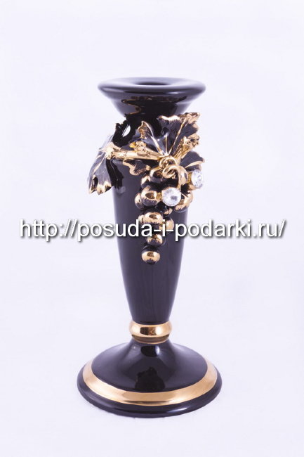 Подсвечник керамический Виноград черный с кристаллами Сваровски d-11, h-22 см CERAMICHE STELLA