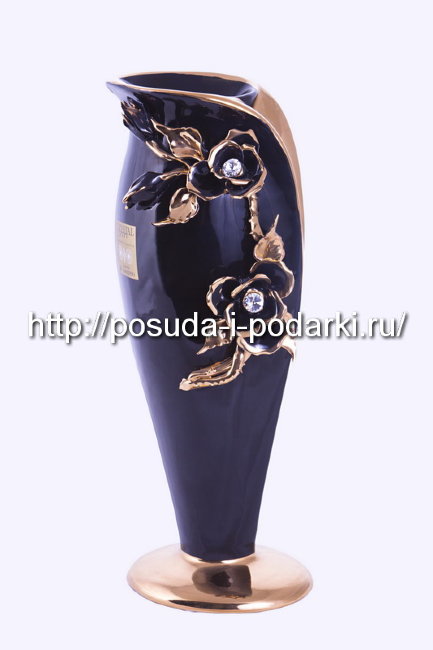 Подсвечник керамический Розы черный с золотом с кристаллами Сваровски d-13, h-34 см CERAMICHE STELLA