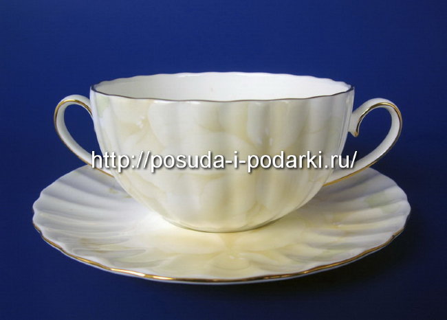 Бульонная чашка с блюдцем Магнолия Крем (золотая лента) 370 мл