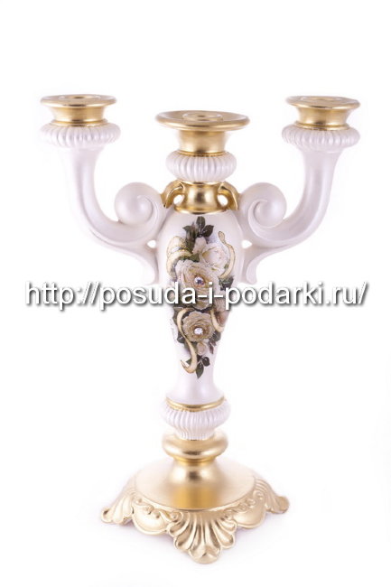 Канделябр керамический 3-х рожковый Белые розы h-40, l-25 см