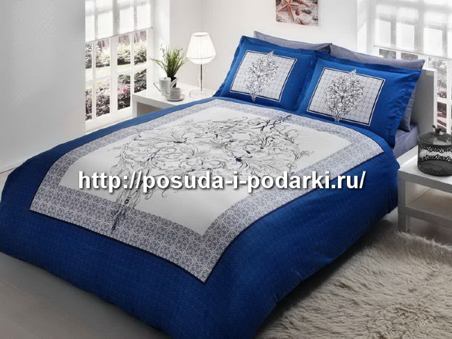 Постельное белье КПБ TAC/SATIN/1,5 спальное, CARON, синий