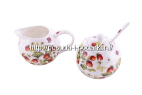 Набор сахарница с ложкой и молочник Земляника