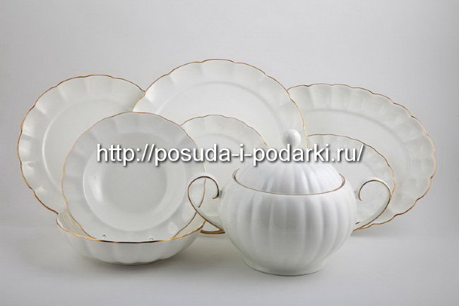 Столовый сервиз (обеденный сервиз) Магнолия белая (золотая лента) на 6 персон 28 предметов 