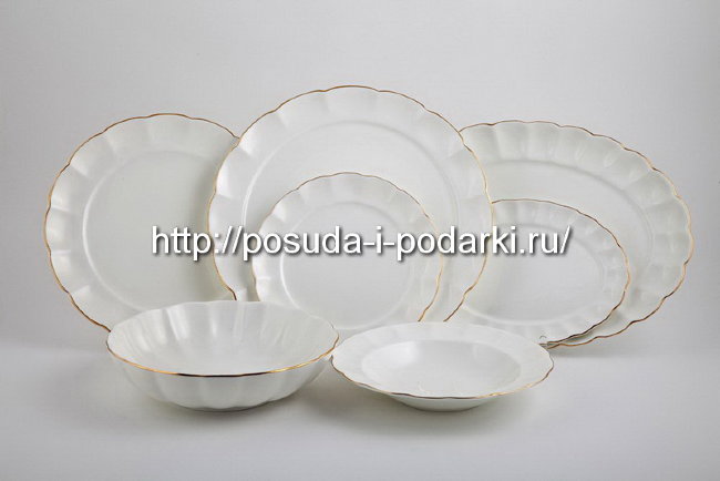Сервиз столовый (обеденный набор) на 6 персон Магнолия белая (золотая лента) 22 предмета 