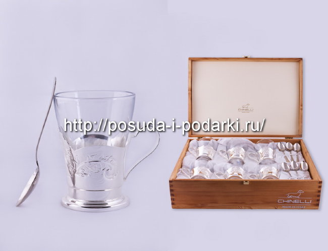 Набор 6 стаканов для чая с подстаканниками и ложками Набор 6 стаканов для чая с подстаканниками и ложками