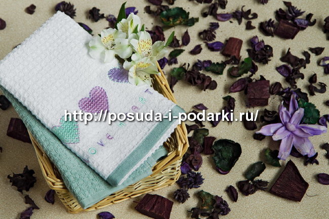 Набор кух.полотенец TAC/40*70/махровые, вышивка, 2шт.,  LOVE HEARTS белый/бирюзовый