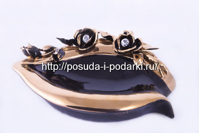 Конфетница керамическая Розы черная с кристаллами Сваровски 19*25, h-8 см CERAMICHE STELLA