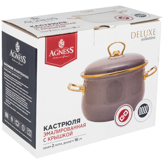 КАСТРЮЛЯ AGNESS ЭМАЛИРОВАННАЯ С КРЫШКОЙ, СЕРИЯ DELUXE, 16X11СМ,  2,0Л, ПОДХОДИТ ДЛЯ ИНДУКЦИИ